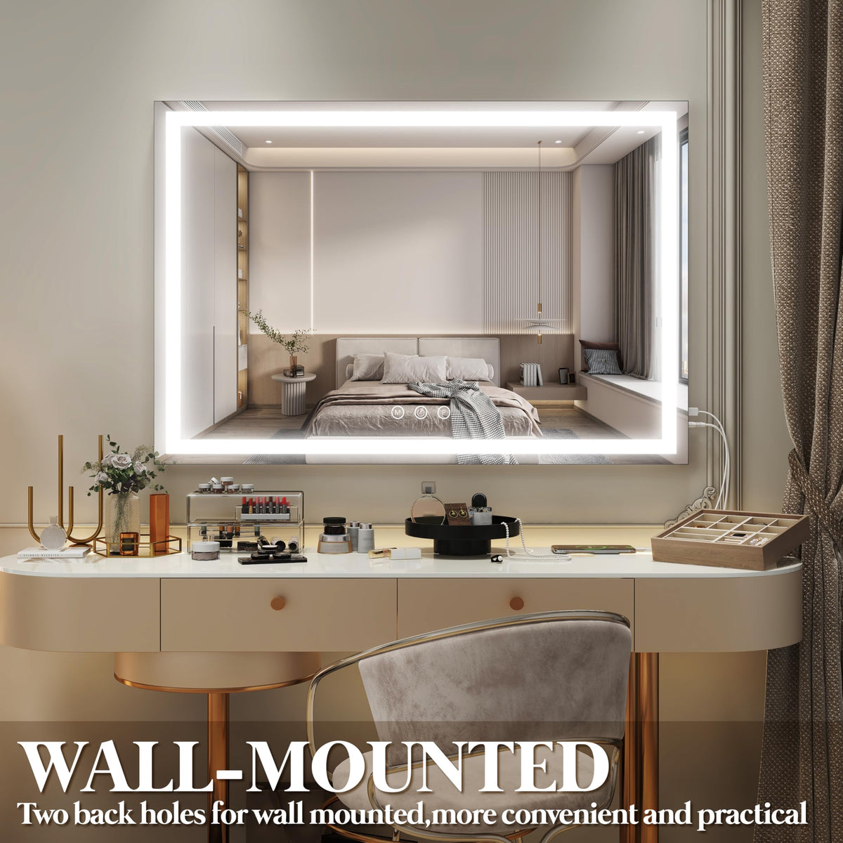 FENNIO Large Vanity Mirror on a tabletop with makeup products