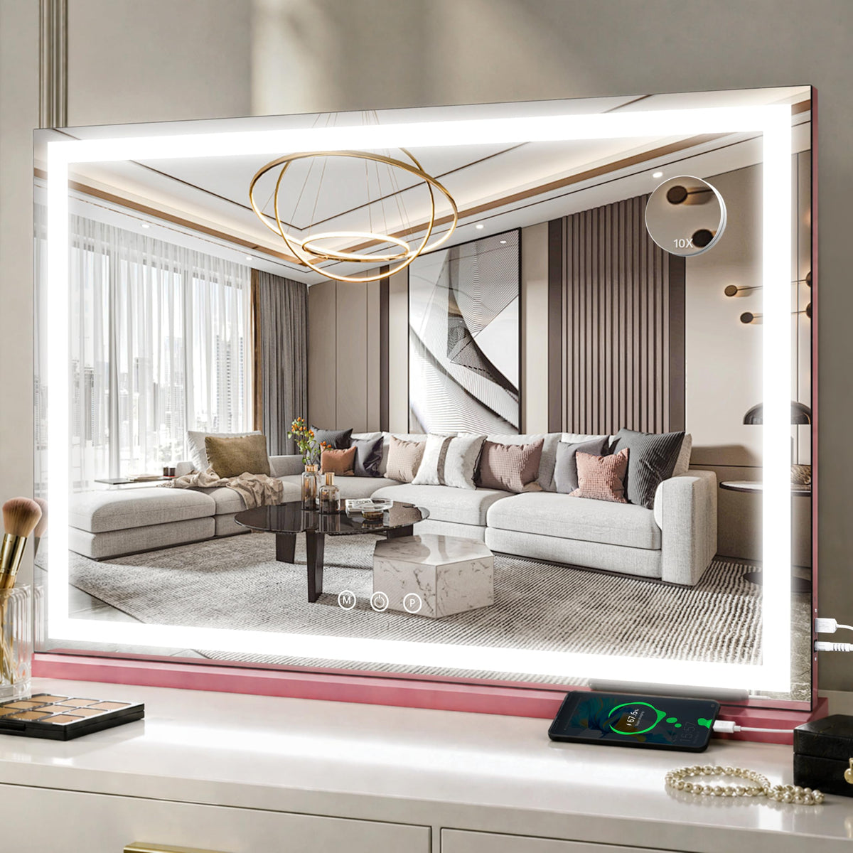 FENNIO Large Vanity Mirror with lights front view in pink