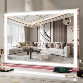 FENNIO Large Vanity Mirror with lights front view in pink
