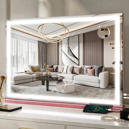 FENNIO Large Vanity Mirror with lights front view in pink