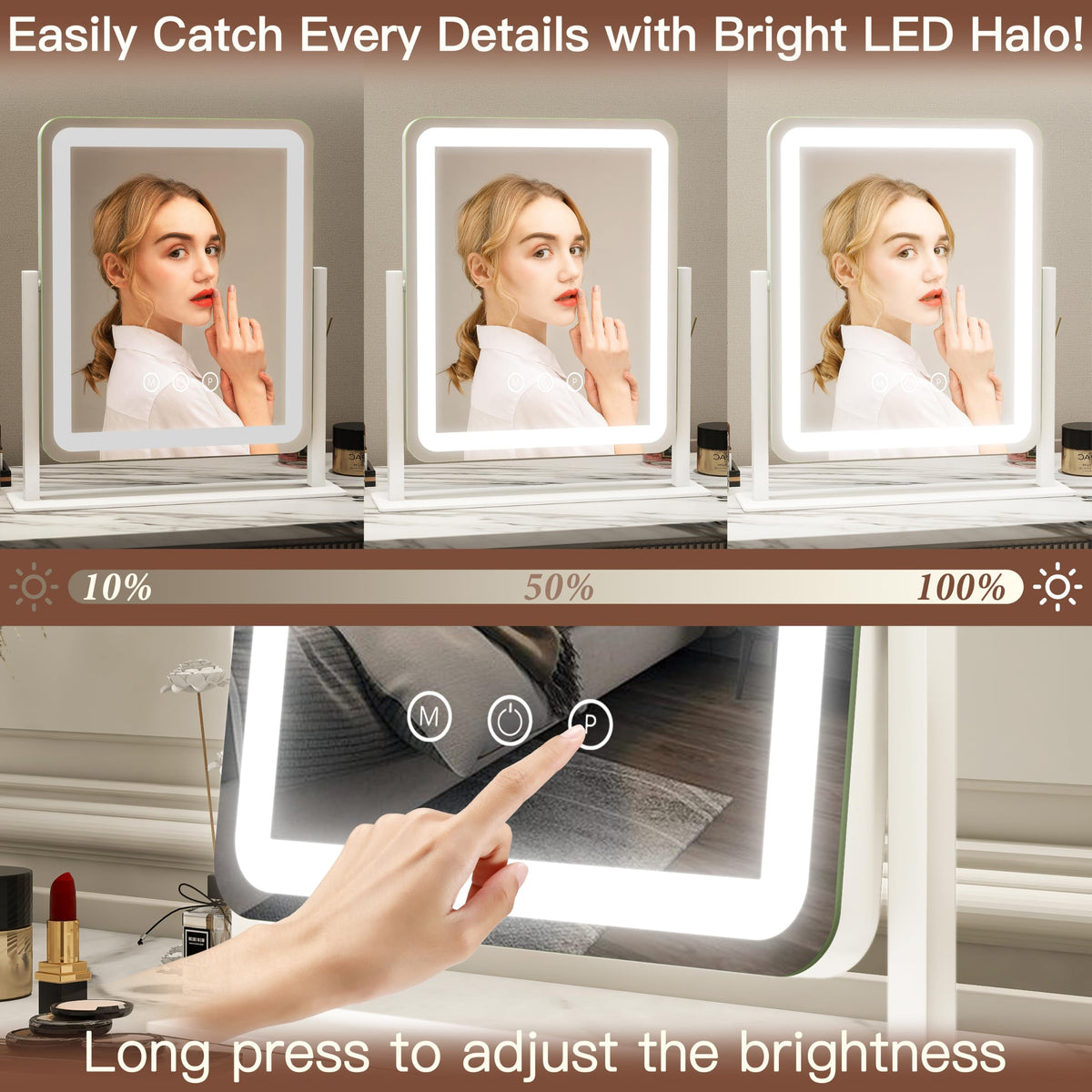FENNIO LED Lighted Makeup Mirror side view showing 360° rotation