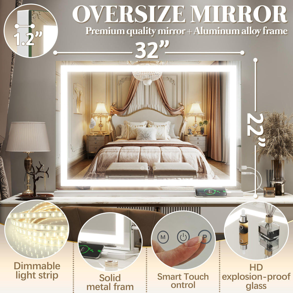 FENNIO Lighted Makeup Mirror 32x22 with natural lighting mode
