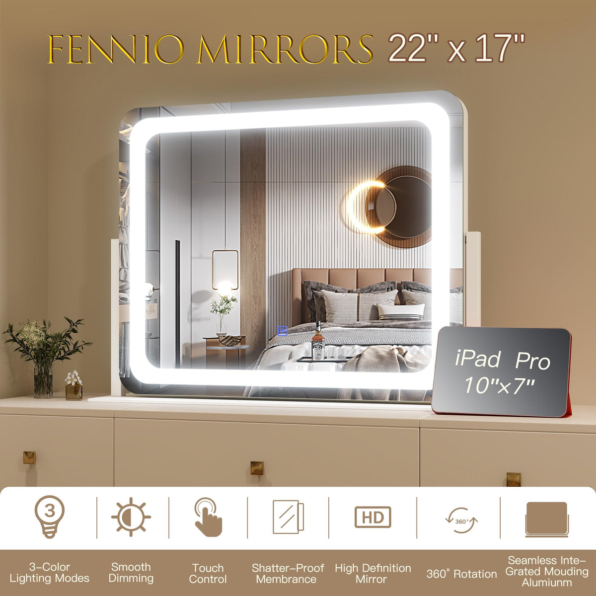FENNIO Vanity Mirror 22x17 close-up of shatter-proof membrane
