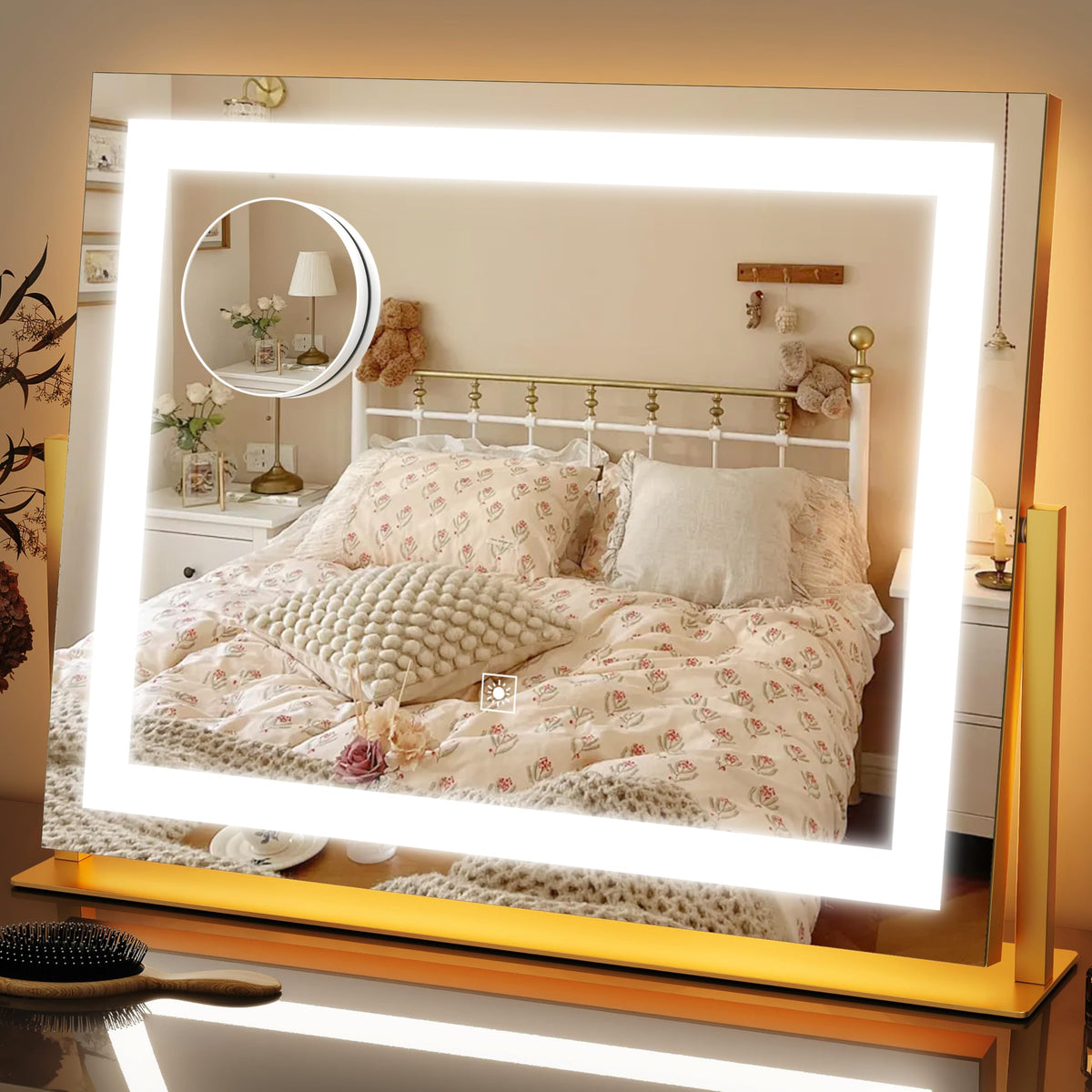 FENNIO Vanity Mirror 22x19 gold front view with lights