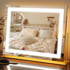FENNIO Vanity Mirror 22x19 gold front view with lights