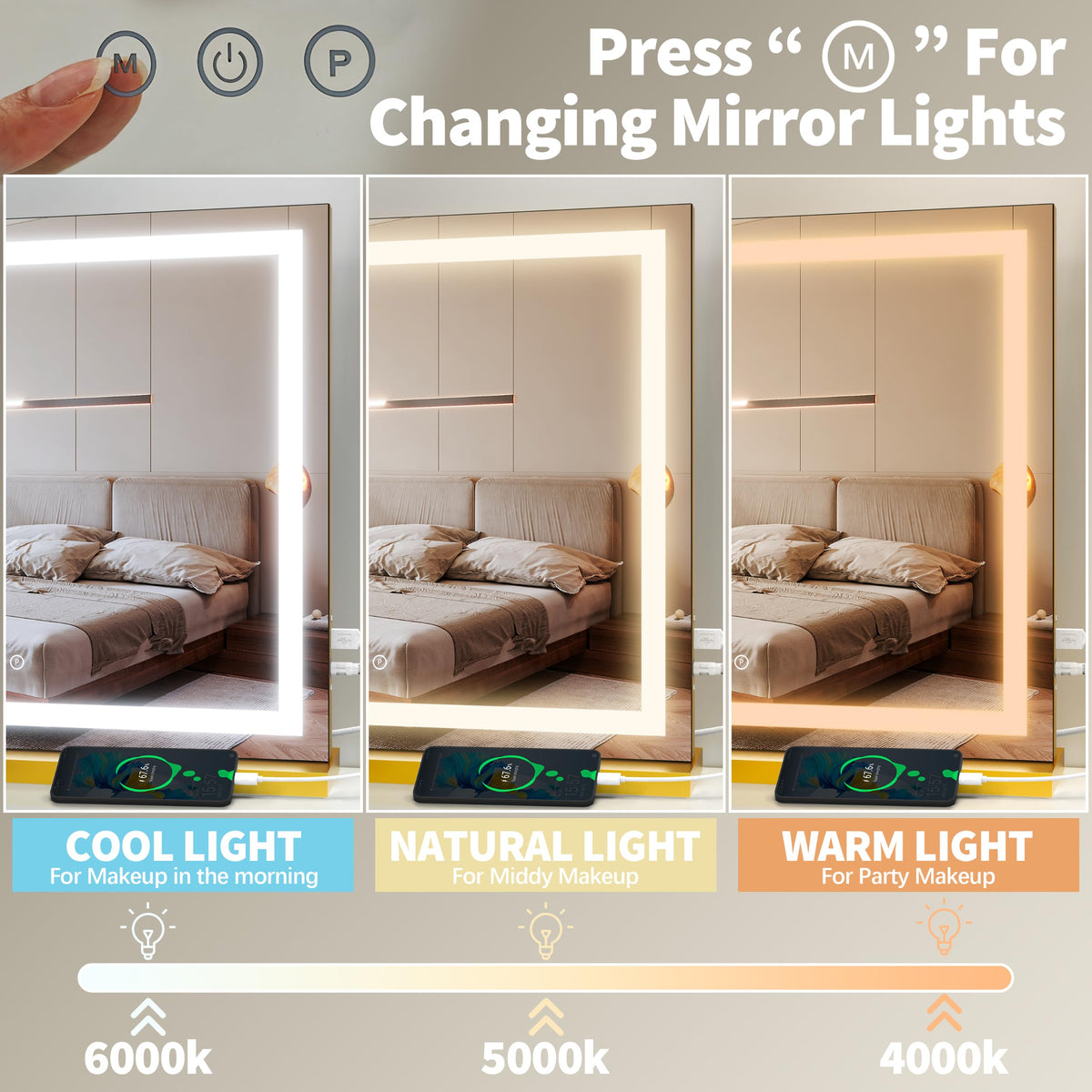FENNIO Vanity Mirror side view showcasing adjustable brightness buttons