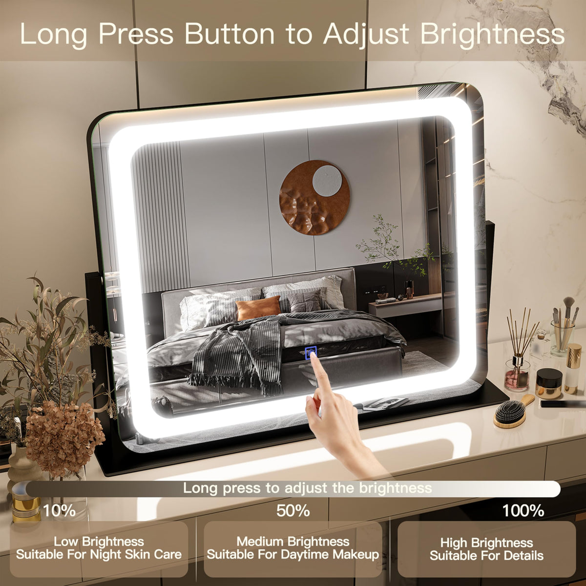 FENNIO Vanity Mirror with aluminum frame, close-up view