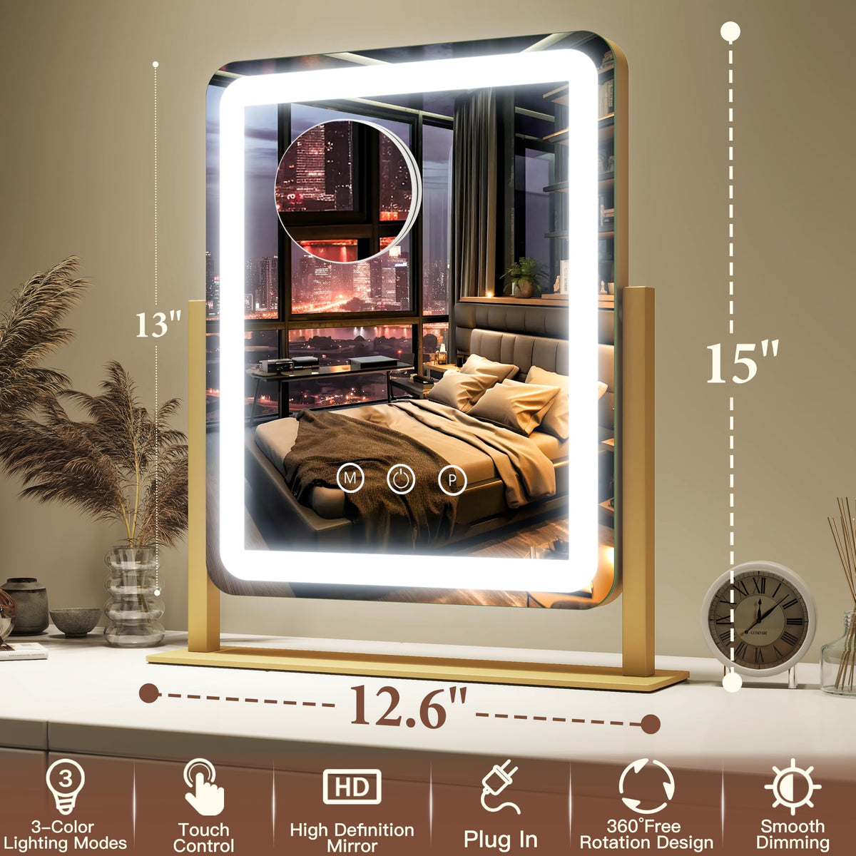 FENNIO Vanity Mirror with lights on a vanity desk
