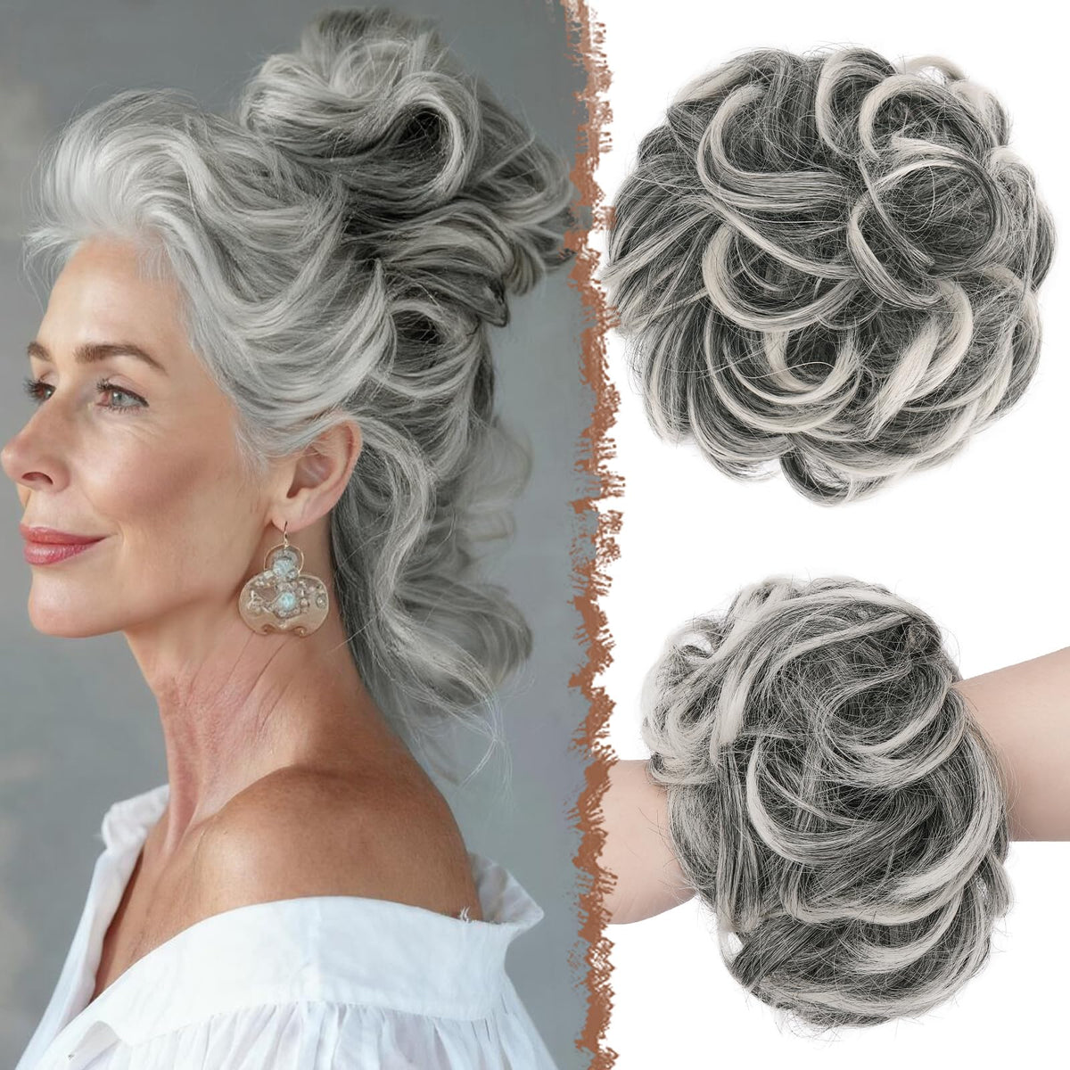 FESHFEN Large Messy Bun Hair Piece in black with gray and white tips