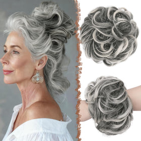 FESHFEN Large Messy Bun Hair Piece in black with gray and white tips