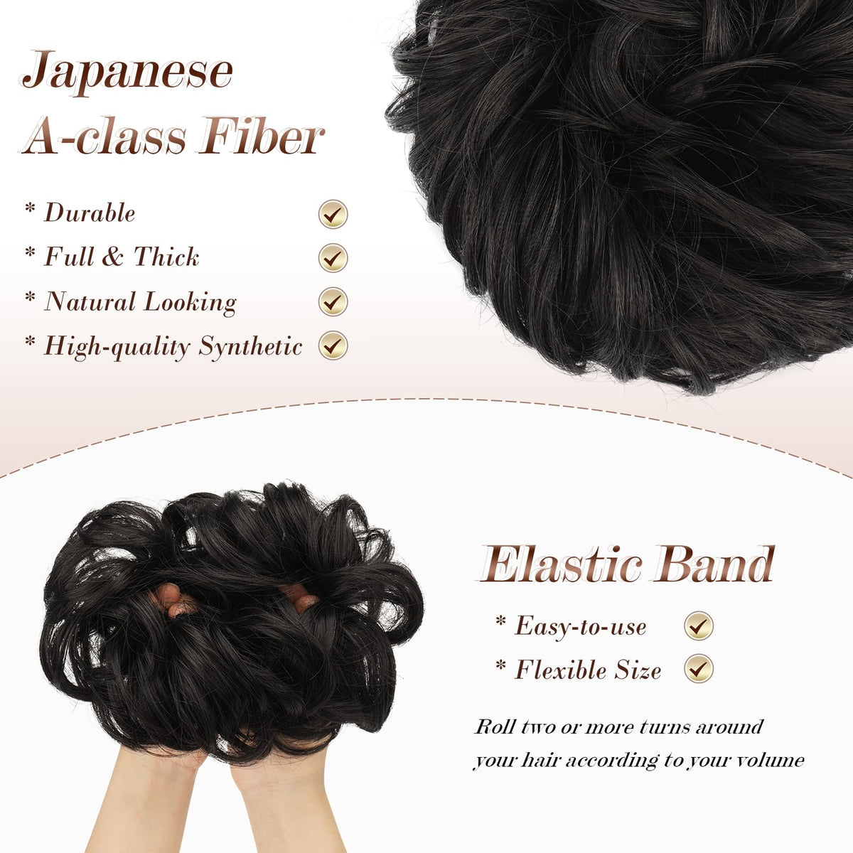 FESHFEN Messy Bun Hair Piece back view with elastic scrunchie