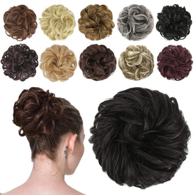 FESHFEN Messy Bun Hair Piece front view in Black Brown