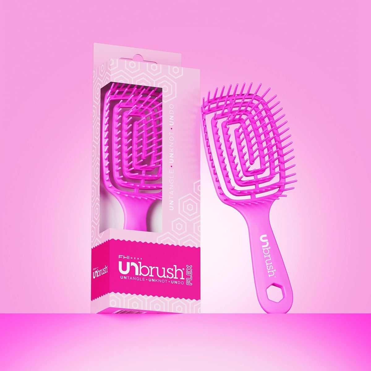 FHI Heat UNbrush Flex Detangling Brush with hair products