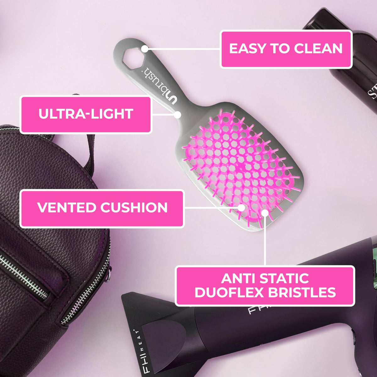 FHI Heat Unbrush Wet & Dry Detangling Hair Brush on a bathroom countertop