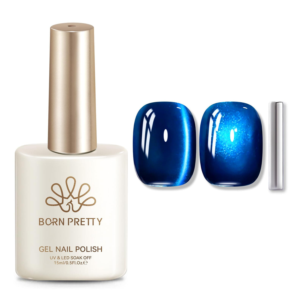 Finished nail art with Born Pretty Royal Blue Cat Magnetic Eye Gel Nail Polish