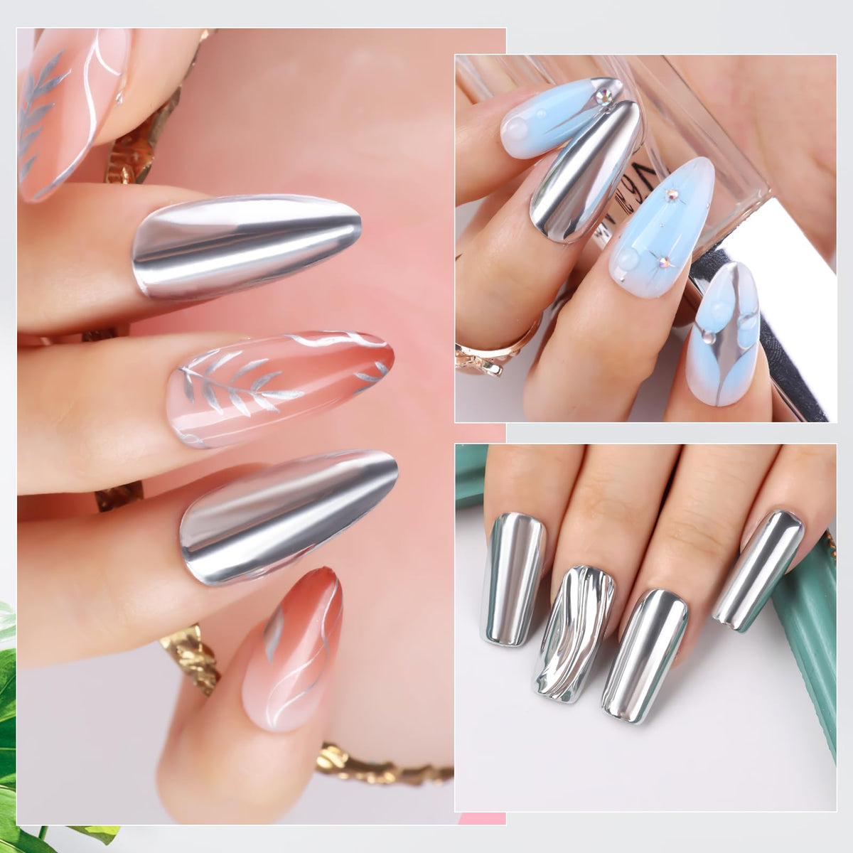 Finished nail art with Makartt Metallic Silver Chrome Gel