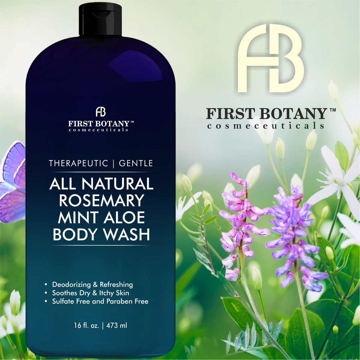 First Botany Rosemary Mint Body Wash bottle close-up
