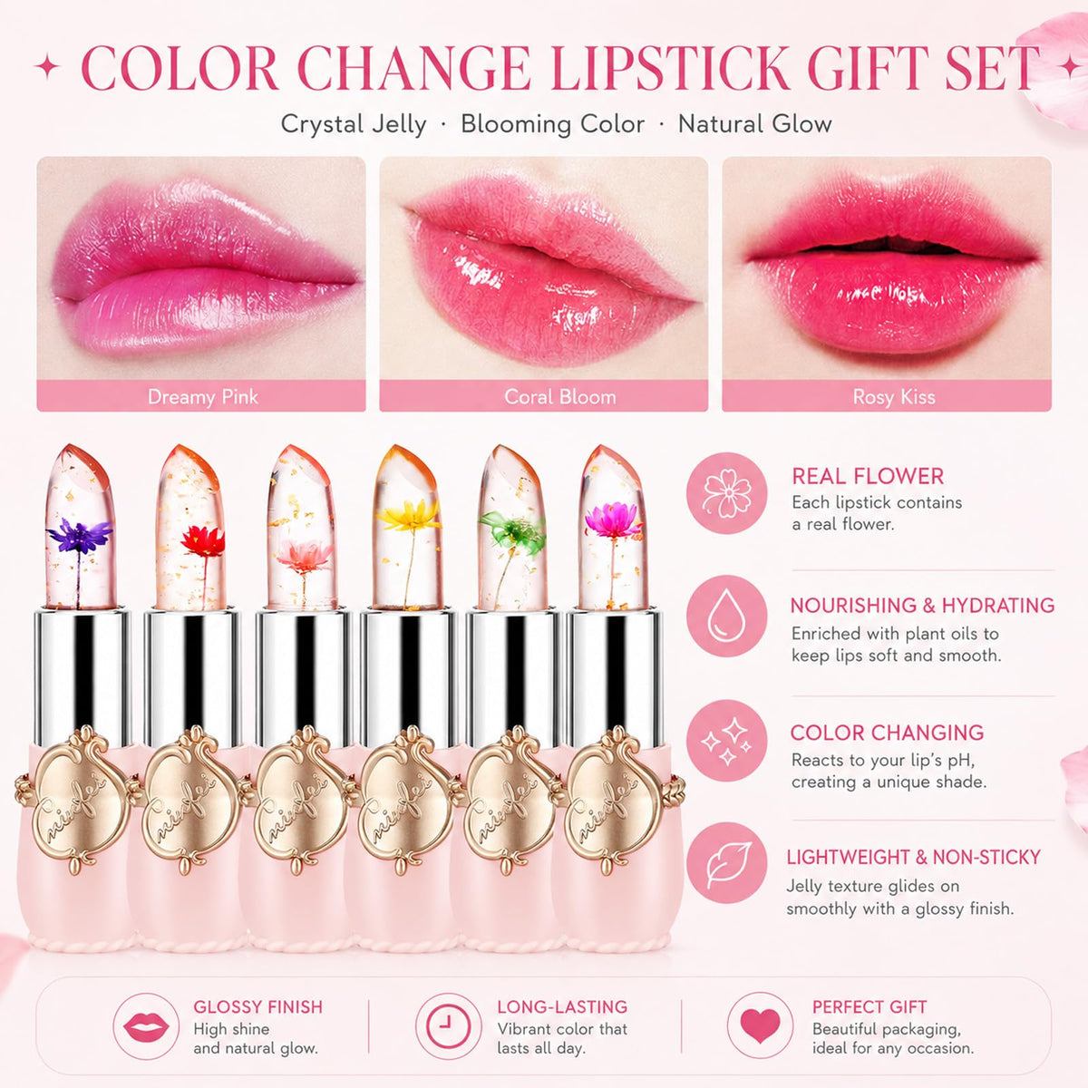 firstfly 6PCS Crystal Flower Lipsticks set with floral design close-up