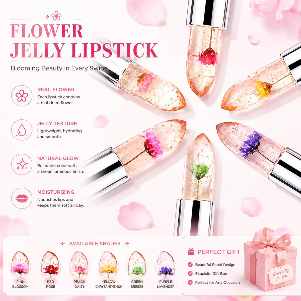 firstfly 6PCS Crystal Flower Lipsticks showing colour change effect