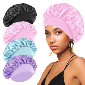 FIRSTPELLA 4PCS Satin Hair Bonnets set in black, blue, pink, and purple
