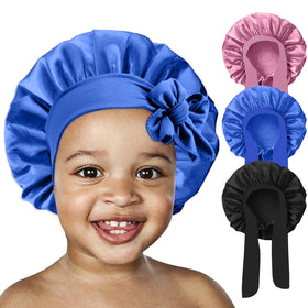FIRSTPELLA Kids Silk Bonnet Set in rose gold, black, and blue