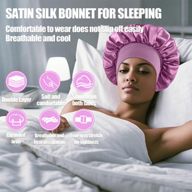 FIRSTPELLA pink silk satin bonnet displayed with matching accessories