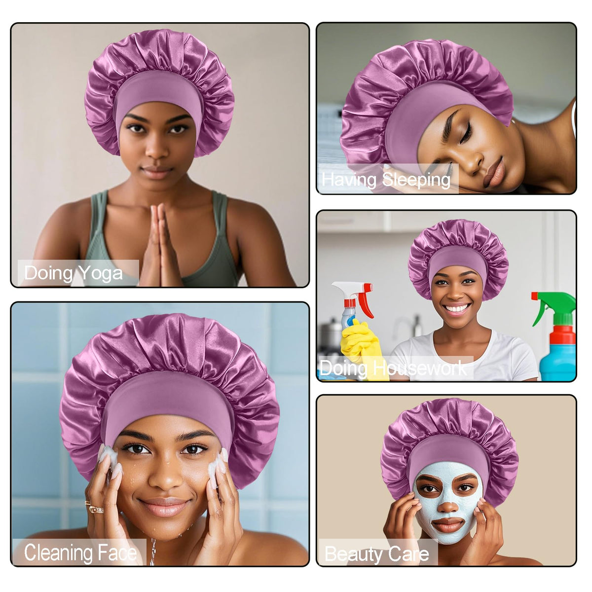 FIRSTPELLA purple silk satin bonnet worn by a model