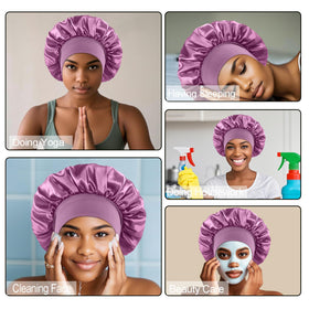 FIRSTPELLA purple silk satin bonnet worn by a model