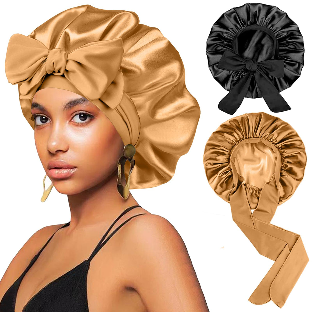 FIRSTPELLA Silk Hair Bonnet in black front view