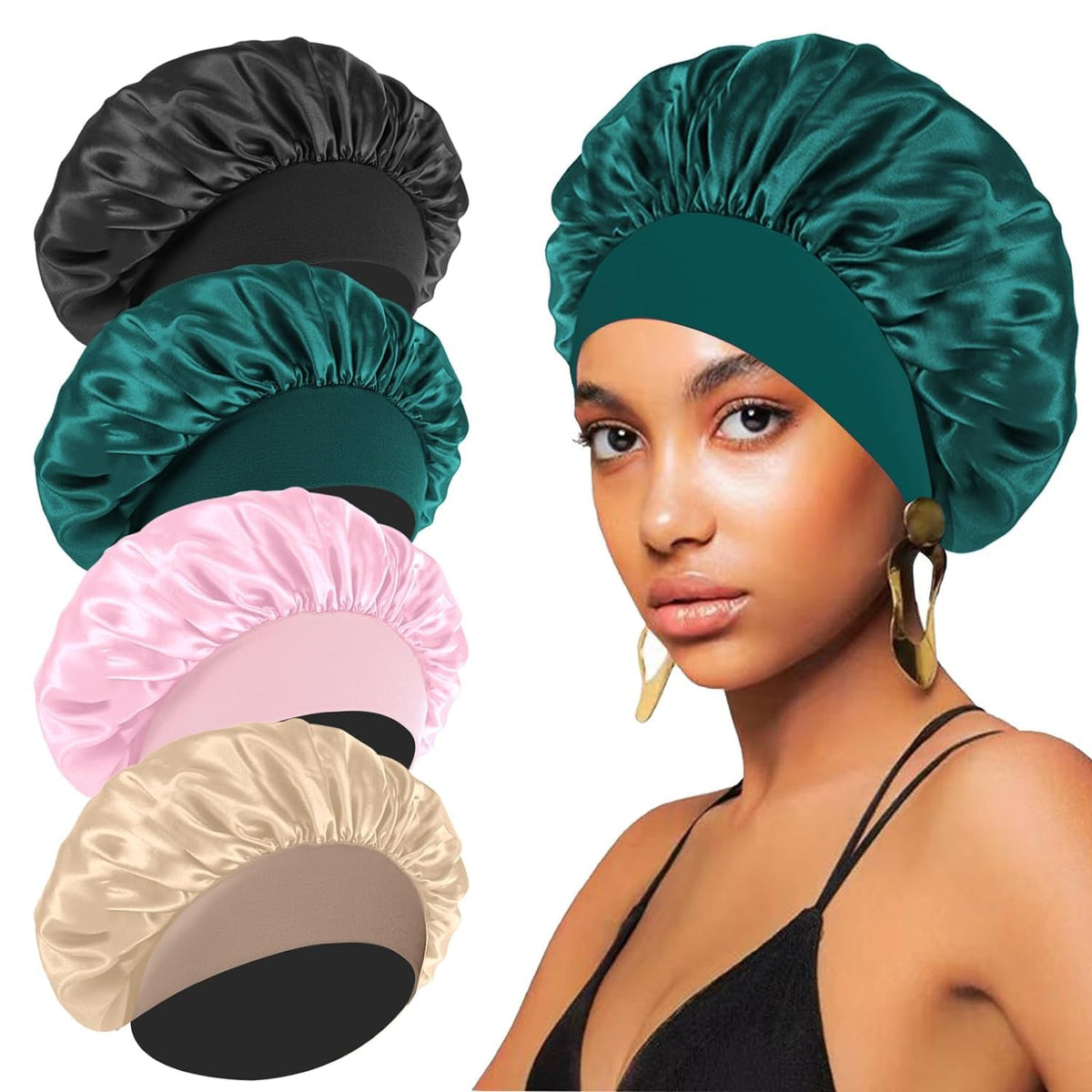 FIRSTPELLA Silk Satin Bonnets set in black, peacock blue, pink, and khaki
