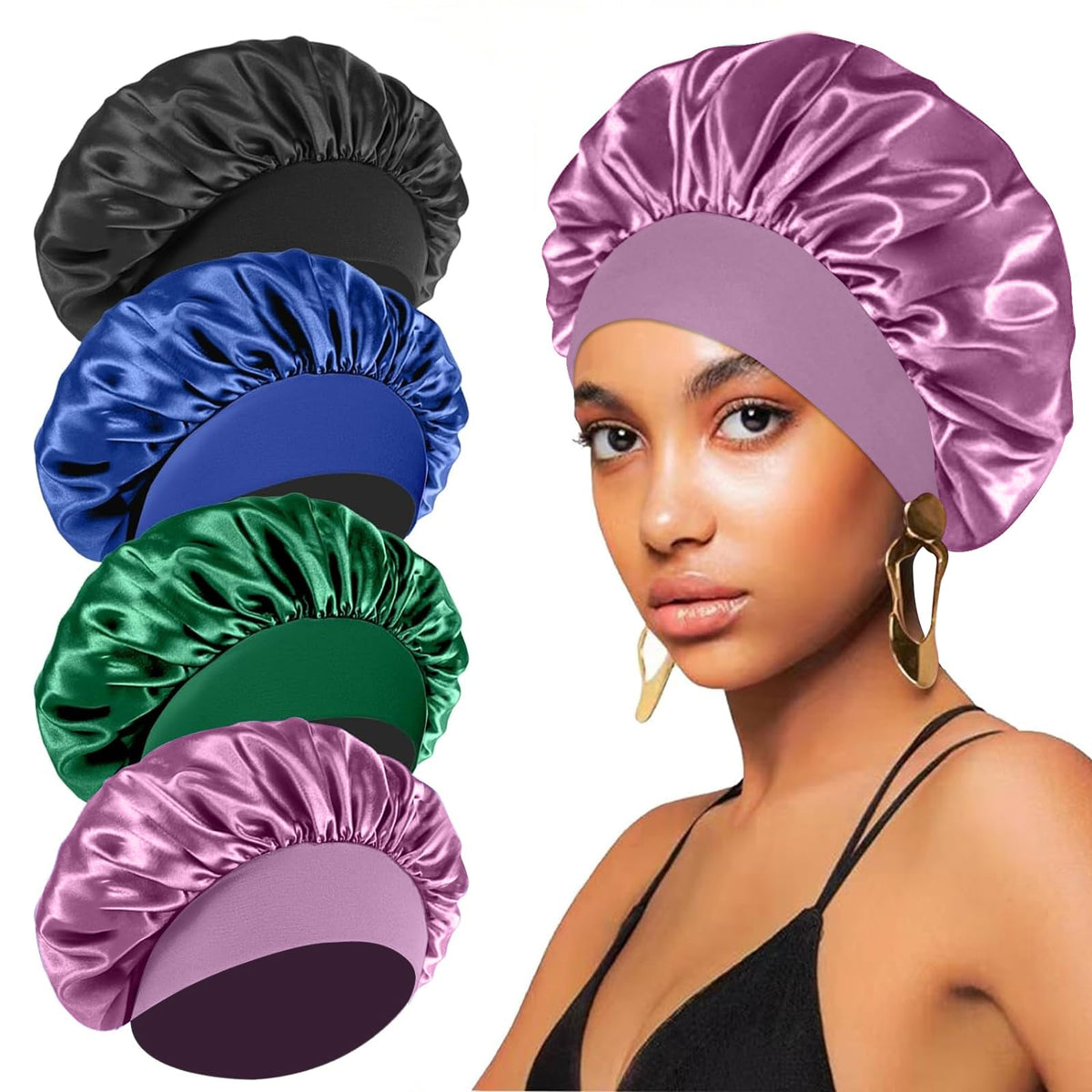 FIRSTPELLA Silk Satin Bonnets set of 4 in black, blue, pink, and purple