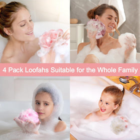 Fishent Loofah Bath Sponge 4 Pack displayed on a bathroom shelf