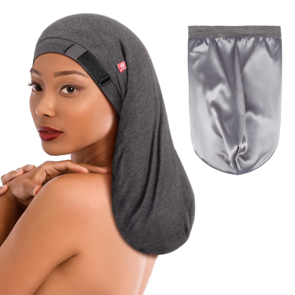 Fittia Long Satin Bonnet front view in black
