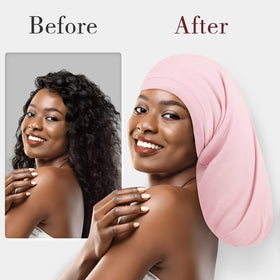Fittia Long Satin Bonnet worn by a model with braids