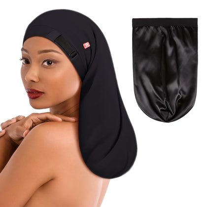 Fittia Long Silk Satin Bonnet front view in black