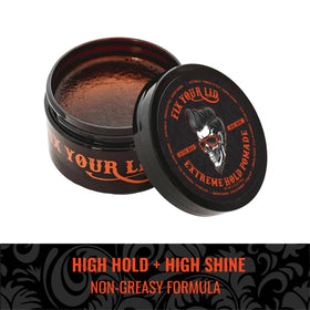 Fix Your Lid Extreme Hold Hair Pomade applied to styled hair