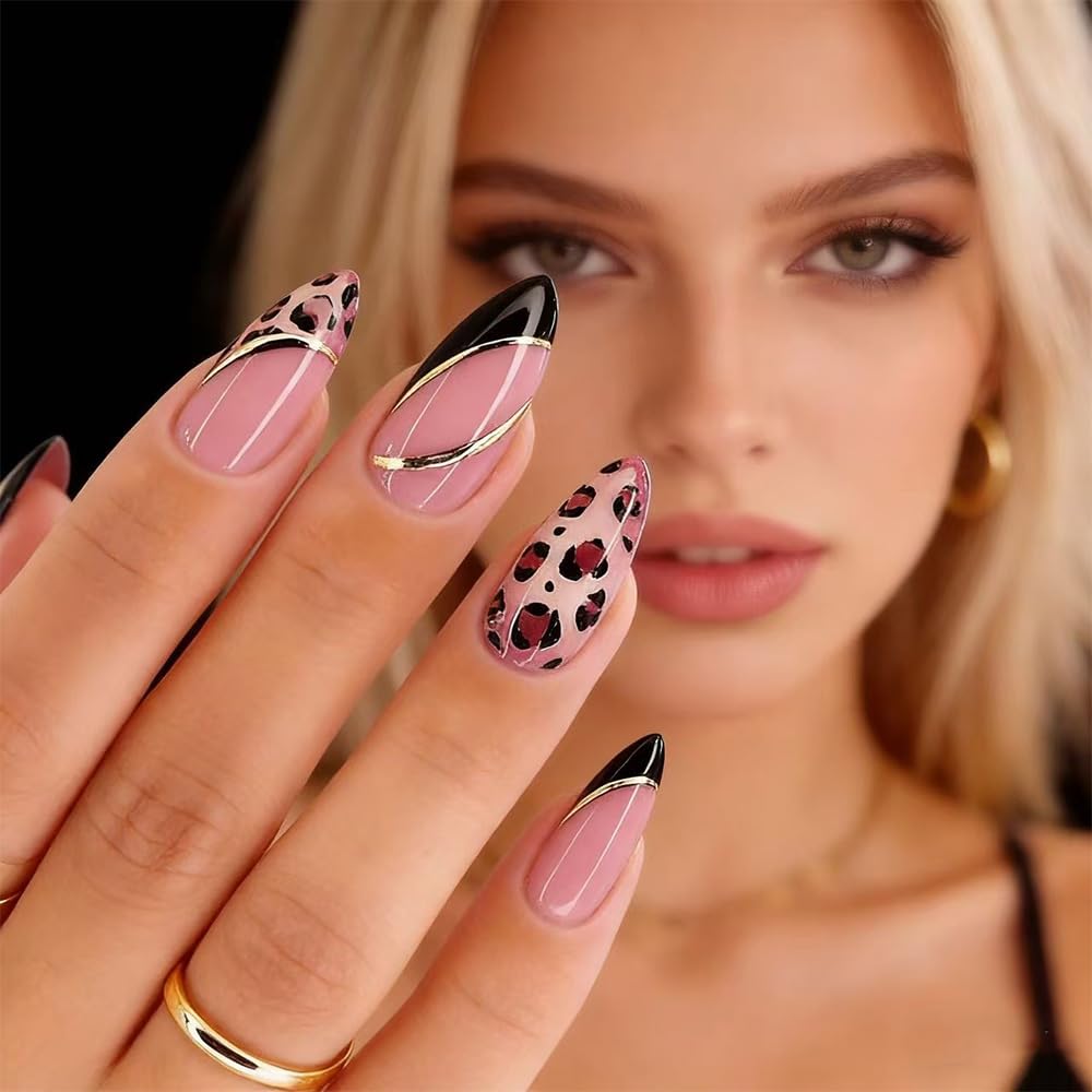 FJSMTOPl almond nails package contents including glue stickers and file