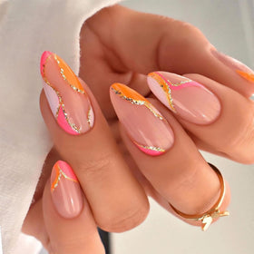 FJSMTOPl Almond Press On Nails 24 pcs with gold glitter design