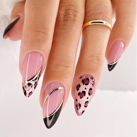 FJSMTOPl Almond Press on Nails leopard print front view