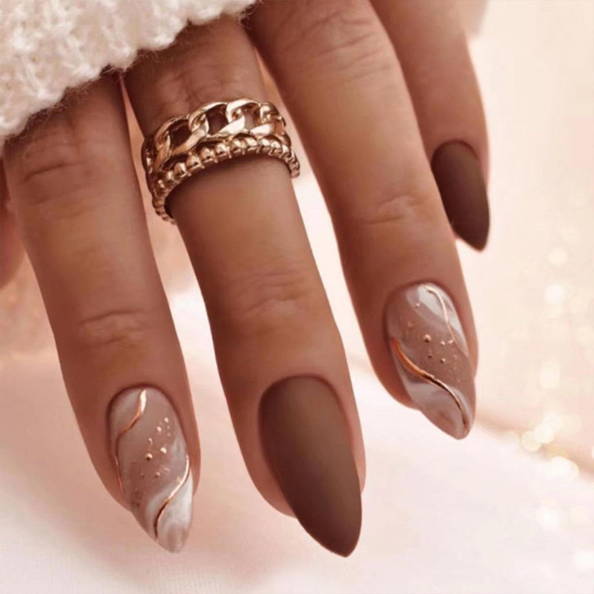 FJSMTOPl Almond Press on Nails medium matte brown front view