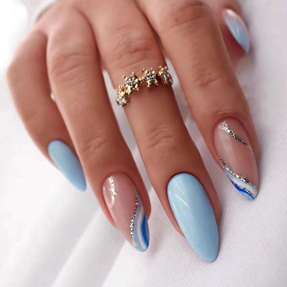FJSMTOPl Blue Almond Press On Nails front view