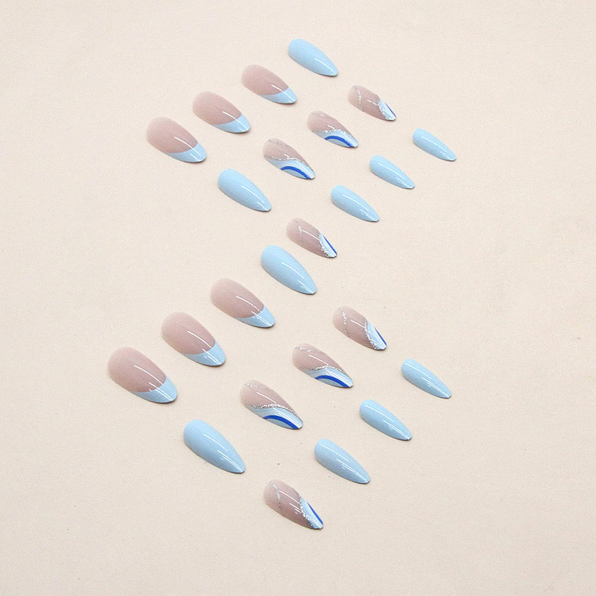 FJSMTOPl Blue Almond Press On Nails in use