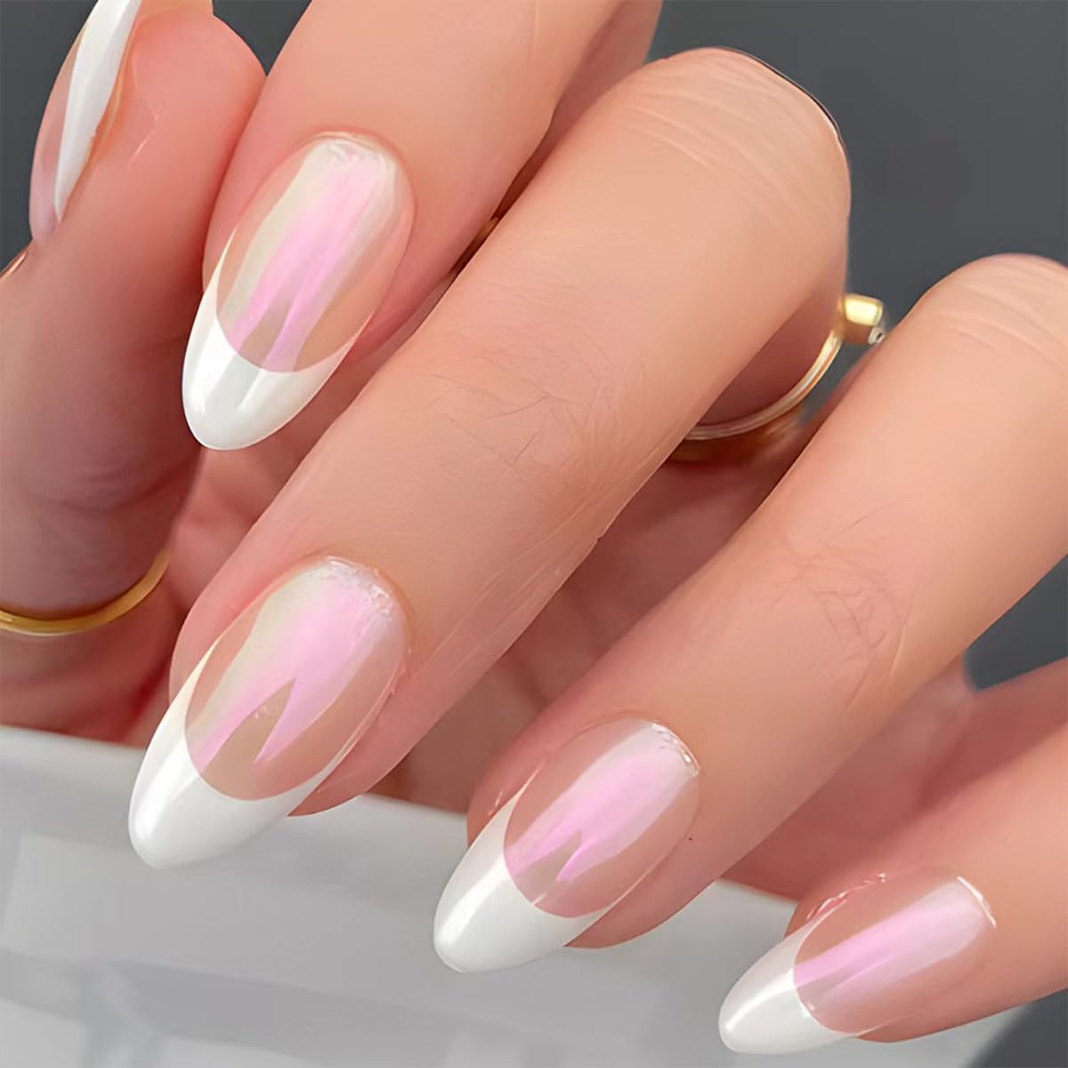 FJSMTOPl French Tip Press on Nails Almond 24Pcs front view