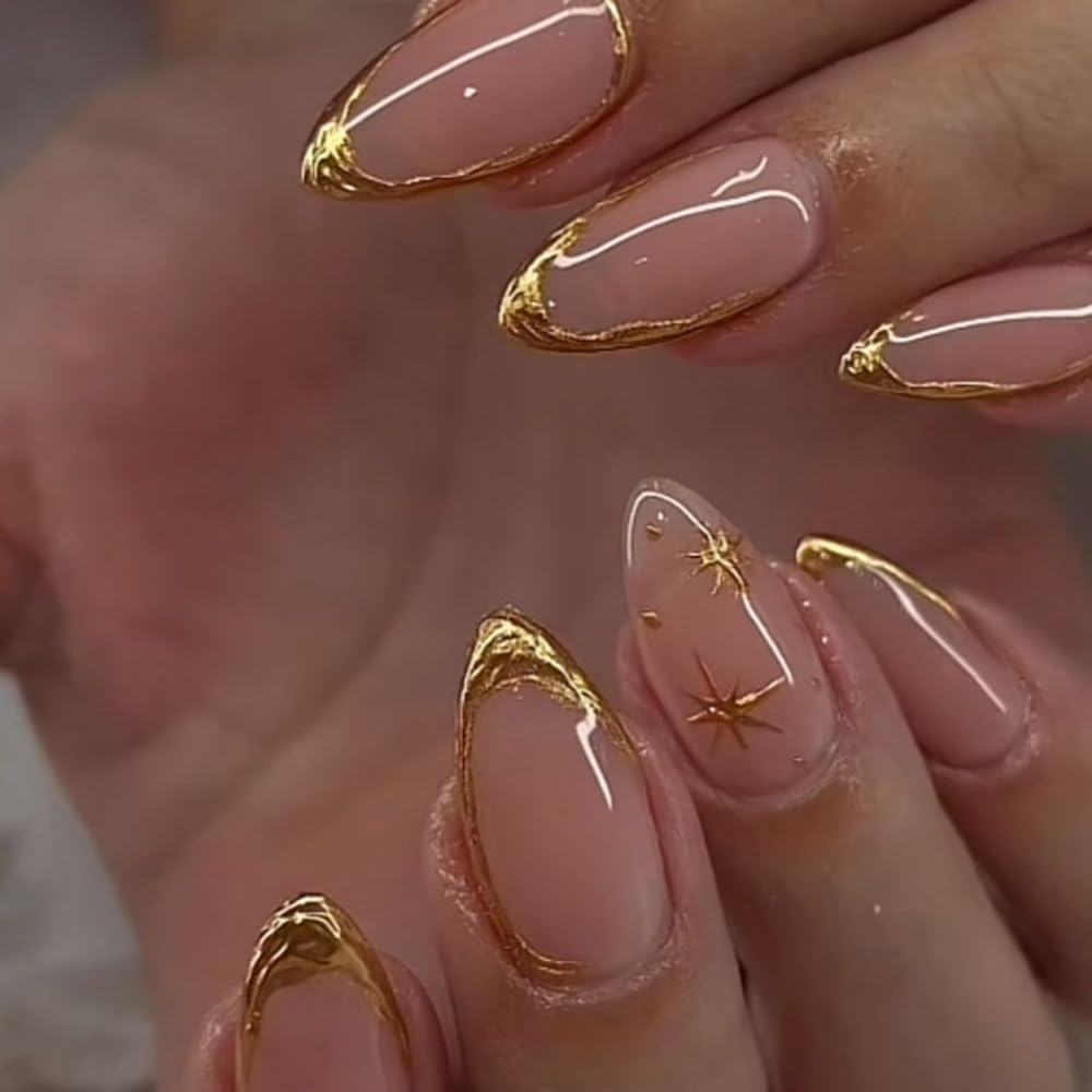 FJSMTOPl French Tip Press On Nails Almond 24Pcs with gold line design