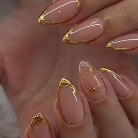 FJSMTOPl French Tip Press On Nails Almond 24Pcs with gold line design