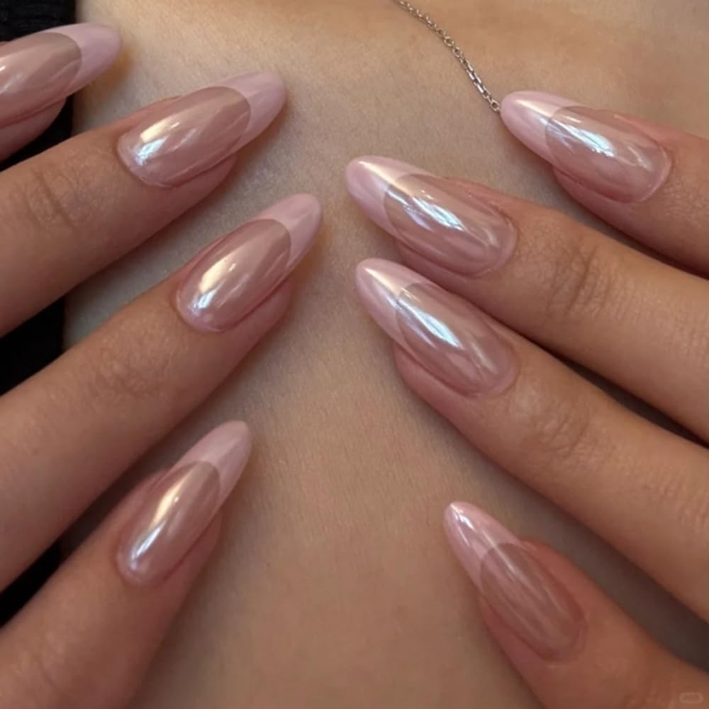 FJSMTOPl French Tip Press on Nails - Pink almond chrome front view