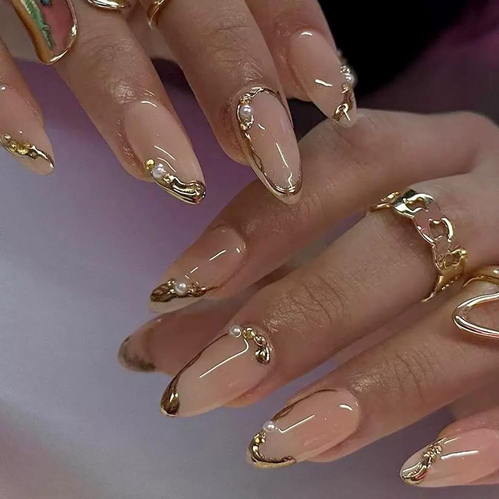 FJSMTOPl Gold Press on Nails French Tip Almond full set view