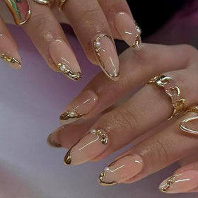 FJSMTOPl Gold Press on Nails French Tip Almond full set view