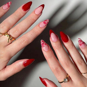FJSMTOPl package contents with 24 press on nails and accessories