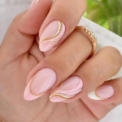 FJSMTOPl Pink Press on Nails medium almond shape with French tips